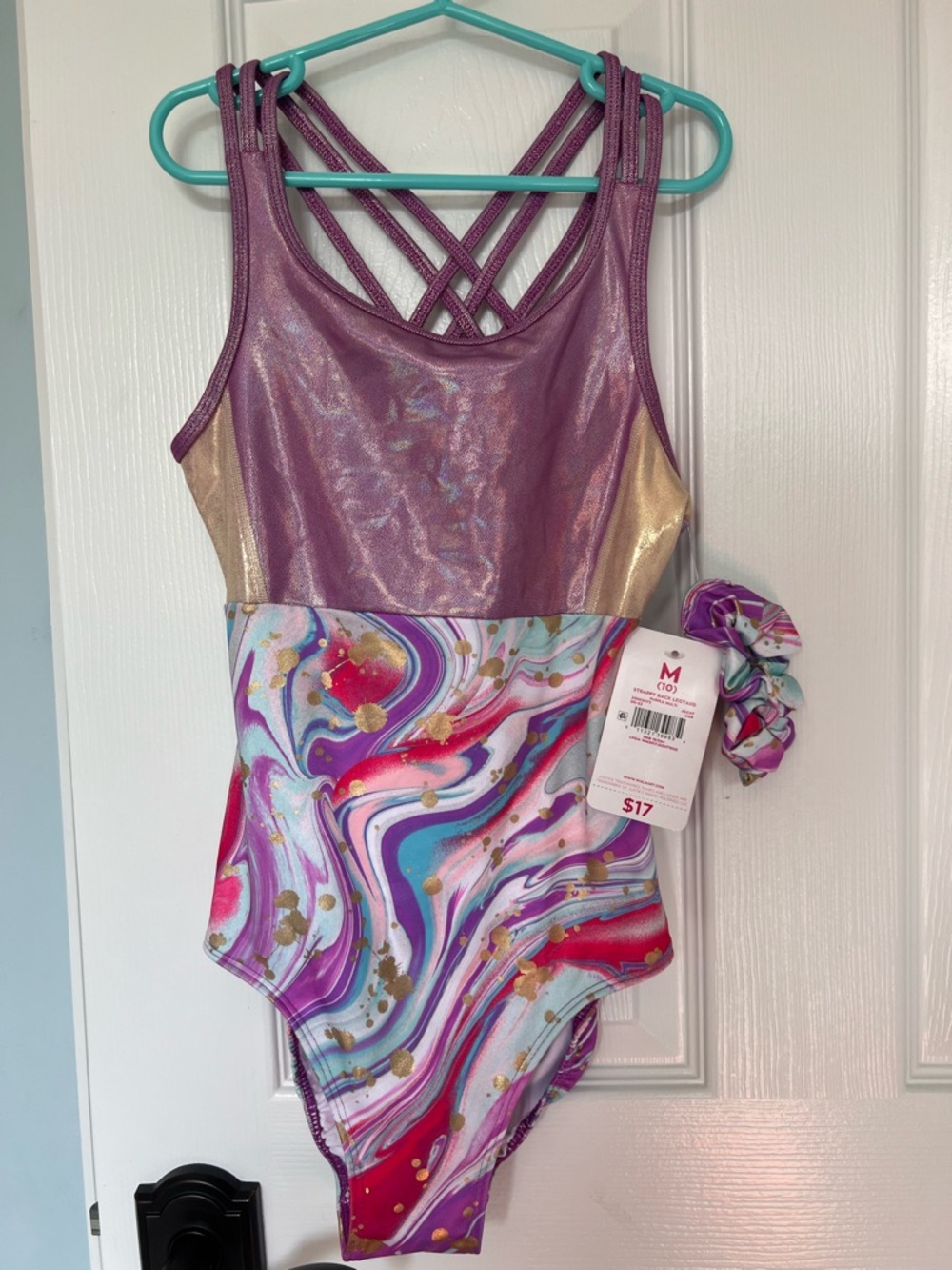 Kids Metallic Purple & Marble One-Piece gymnastics leotard with Scrunchie